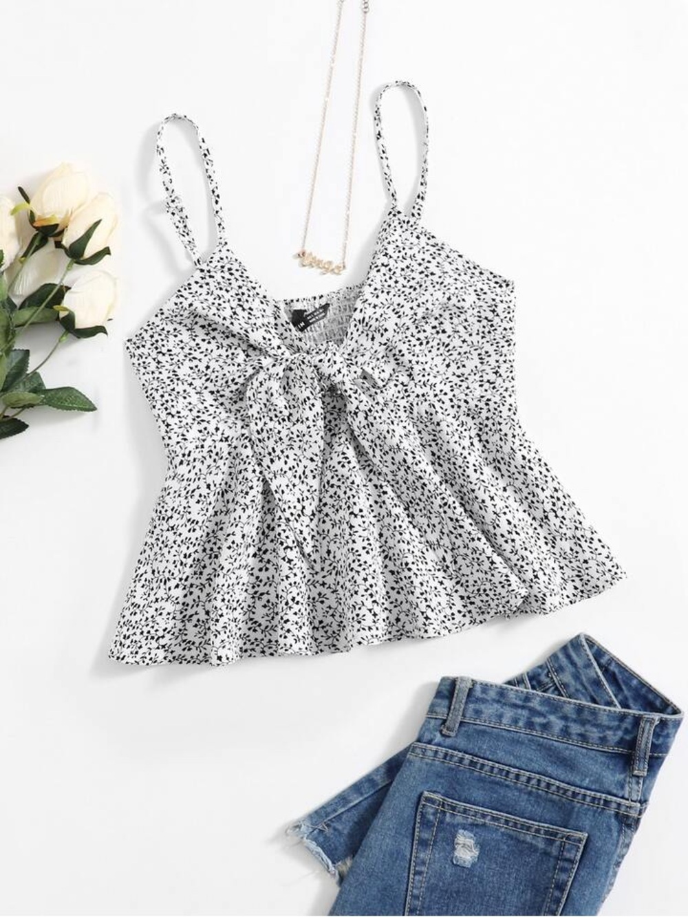 SHEIN White and Black Floral Tie-Front Camisole Top